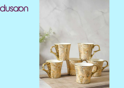 Bridal Mehndi Gold Print Ceramic Tea & Coffee Cups | Set of 6 | 180 ML